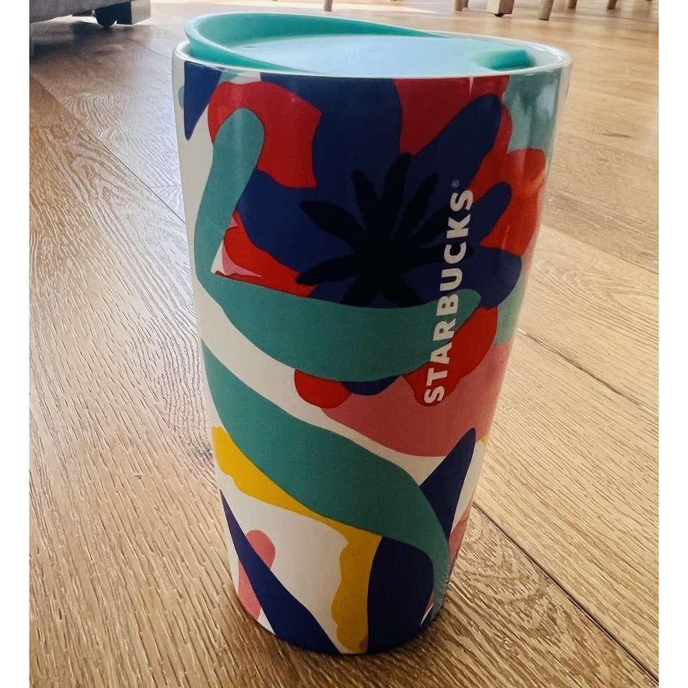 Starbucks Travel Tumbler Abstract Floral Art Pink Teal Navy Modern Pop Art NEW
